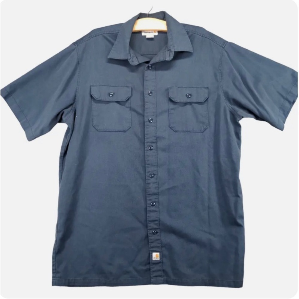 Men’s Carhartt Relaxed Fit Short Sleeve Navy Blue Work Shirt Button Size XL Tall